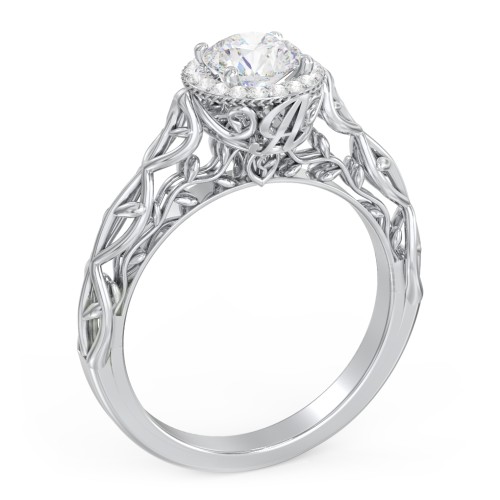 Diamond Halo Engagement Ring with Leaf and Vine Details - "The Ava" – 10K White Gold with Lab Diamond