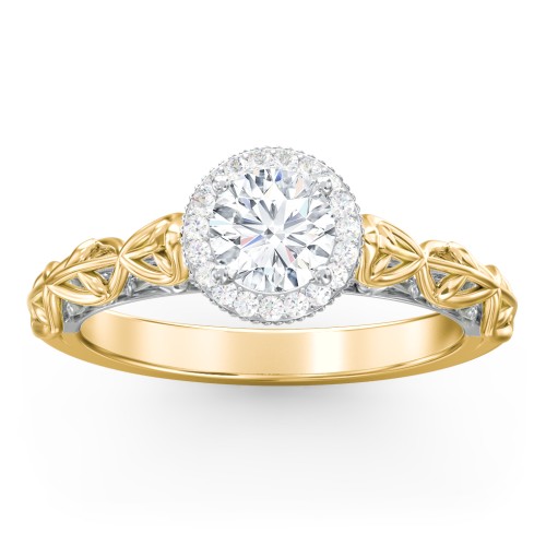 Diamond Halo Engagement Ring with Leaf and Vine Details - "The Ava" – 10K Yellow Gold with Lab Diamond