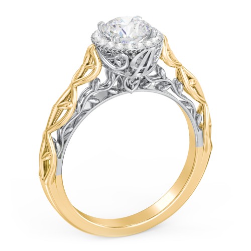 Diamond Halo Engagement Ring with Leaf and Vine Details - "The Ava" – 10K Yellow Gold with Lab Diamond