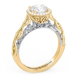 Diamond Halo Engagement Ring with Leaf and Vine Details - "The Ava"