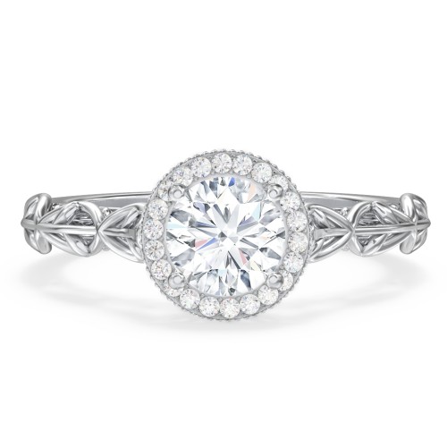 Diamond Halo Engagement Ring with Leaf and Vine Details - "The Ava"
