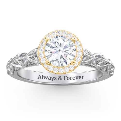 Diamond Halo Engagement Ring with Leaf and Vine Details - "The Ava" – 14K White Gold with Lab Diamond
