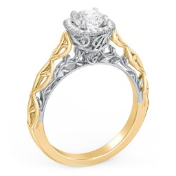 Diamond Halo Engagement Ring with Leaf and Vine Details - "The Ava"