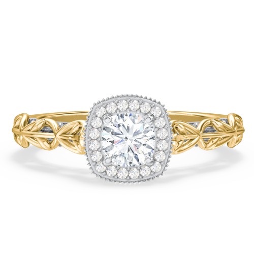 Diamond Halo Engagement Ring with Leaf and Vine Details - "The Ava" – 10K Yellow Gold with Lab Diamond