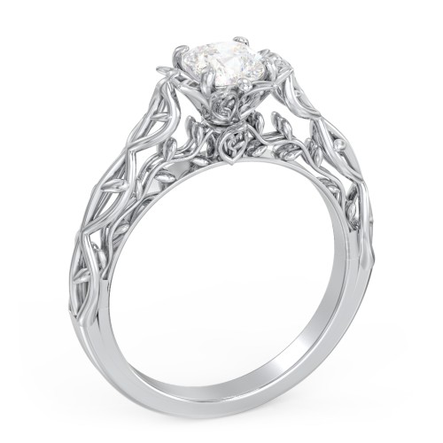 Solitaire Diamond Engagement Ring with Leaf and Vine Details - "The Ava" – 10K White Gold