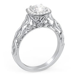 Diamond Halo Engagement Ring with Leaf and Vine Details - "The Ava"