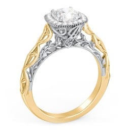 Diamond Halo Engagement Ring with Leaf and Vine Details - "The Ava"