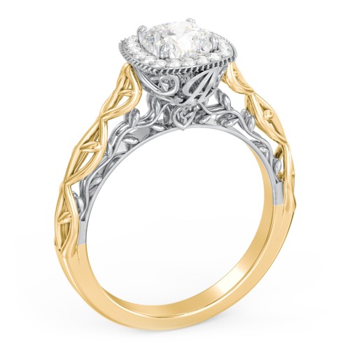 Diamond Halo Engagement Ring with Leaf and Vine Details - "The Ava" – 10K Yellow Gold with Lab Diamond