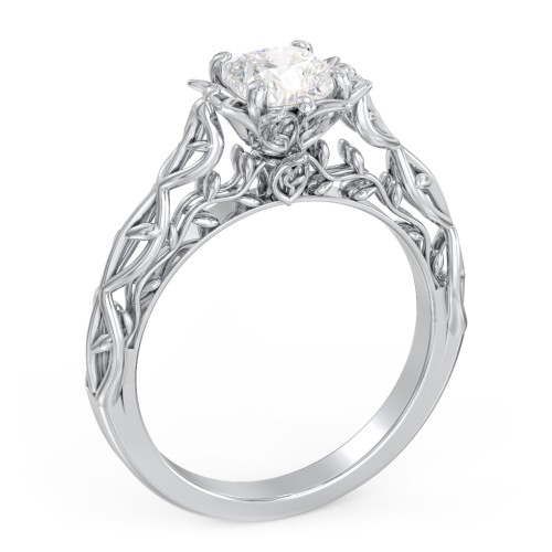 Solitaire Diamond Engagement Ring with Leaf and Vine Details - "The Ava"
