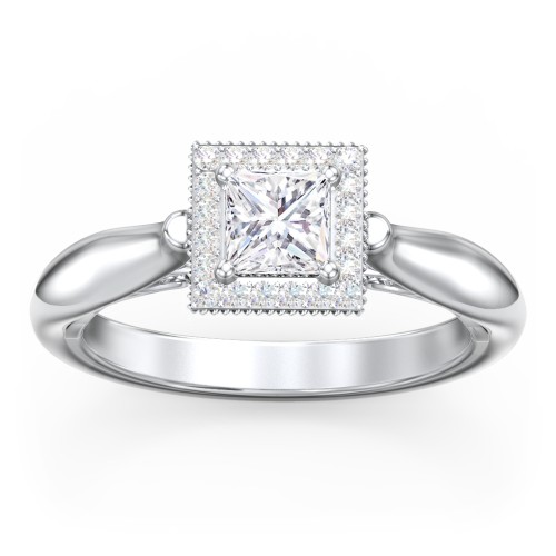 Classic Halo Diamond Engagement Ring and Butterfly and Scroll Details - "The Sophia" – 10K White Gold with Lab Diamond