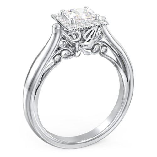 Classic Halo Diamond Engagement Ring and Butterfly and Scroll Details - "The Sophia" – 10K White Gold with Lab Diamond