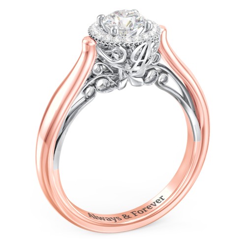 Classic Halo Diamond Engagement Ring and Butterfly and Scroll Details - "The Sophia" – 10K Rose Gold with Lab Diamond
