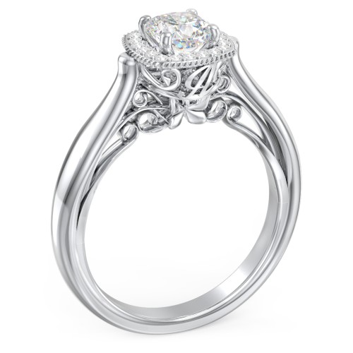 Classic Halo Diamond Engagement Ring and Butterfly and Scroll Details - "The Sophia" – 10K White Gold with Lab Diamond