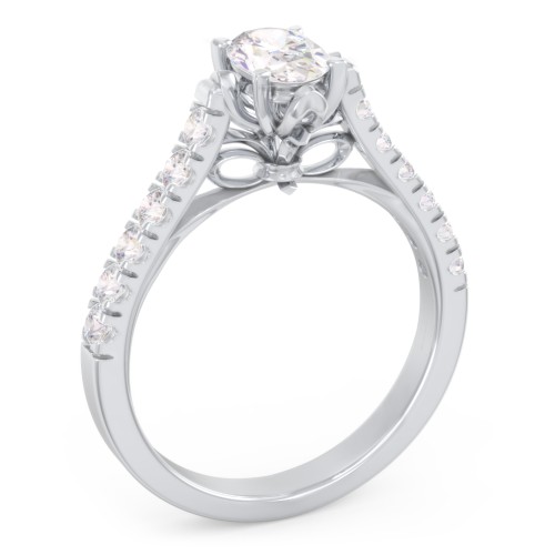 Solitaire Diamond Engagement Ring with Accents and Bow Detail – 14K White Gold with Lab Diamond
