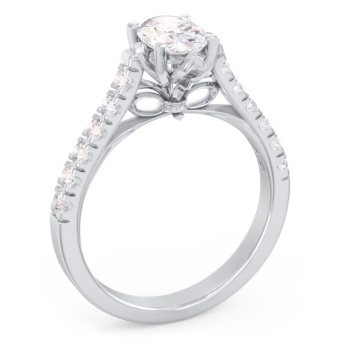 Solitaire Diamond Engagement Ring with Accents and Bow Detail – 14K White Gold with Lab Diamond
