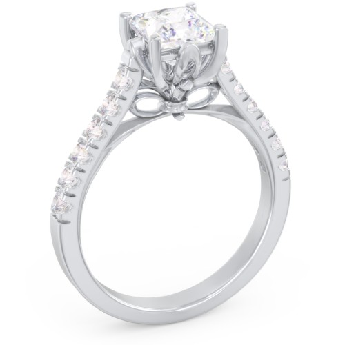 Solitaire Diamond Engagement Ring with Accents and Bow Detail – 14K White Gold with Lab Diamond