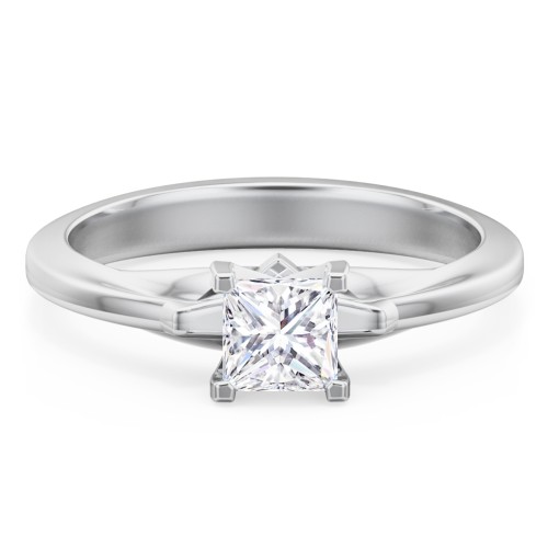 Solitaire Engagement Ring with Peaked Shoulders – 14K White Gold