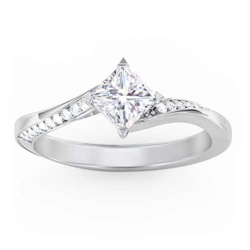 Solitaire Engagement Ring with Twisted Shoulder Accents – 14K White Gold with Lab Diamond