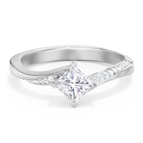 Solitaire Engagement Ring with Twisted Shoulder Accents – 14K White Gold with Lab Diamond