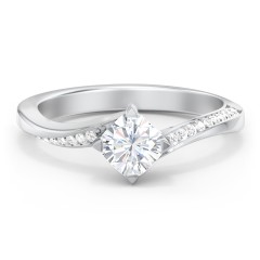 Solitaire Engagement Ring with Twisted Shoulder Accents – 14K White Gold with Lab Diamond