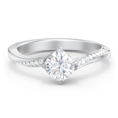 Solitaire Engagement Ring with Twisted Shoulder Accents – 14K White Gold with Lab Diamond