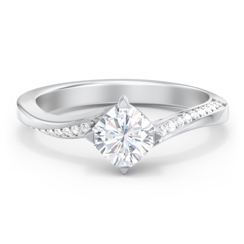 Solitaire Engagement Ring with Twisted Shoulder Accents – 14K White Gold with Lab Diamond