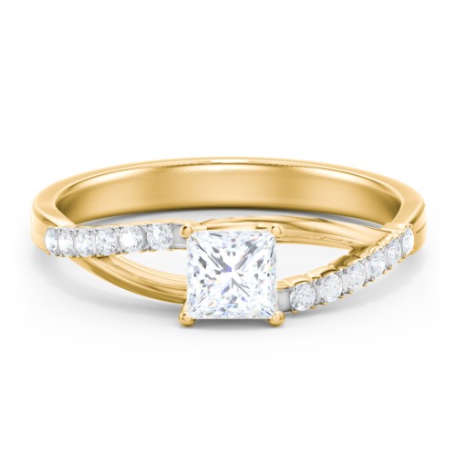 Solitaire Diamond Engagement Ring with Twisted Split Shank and Accents – 10K Yellow Gold with Lab Diamond