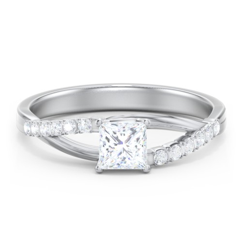 Solitaire Diamond Engagement Ring with Twisted Split Shank and Accents – 14K White Gold with Lab Diamond