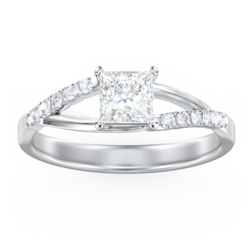 Solitaire Diamond Engagement Ring with Twisted Split Shank and Accents – 14K White Gold with Lab Diamond