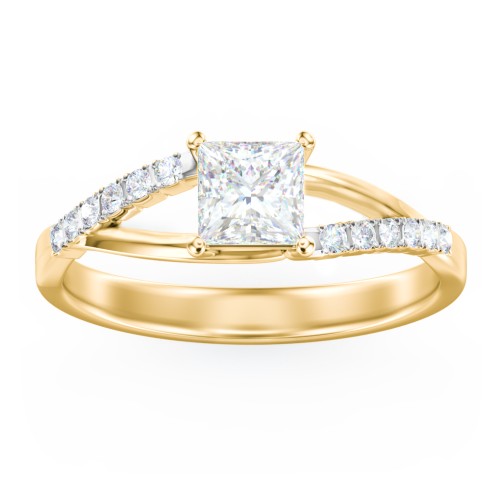 Solitaire Diamond Engagement Ring with Twisted Split Shank and Accents – 10K Yellow Gold with Lab Diamond