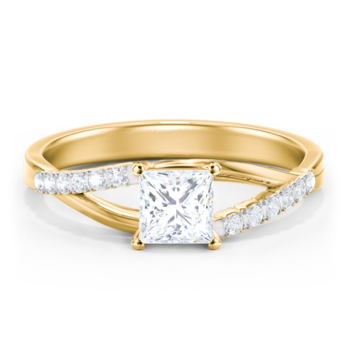 Solitaire Diamond Engagement Ring with Twisted Split Shank and Accents – 10K Yellow Gold with Lab Diamond