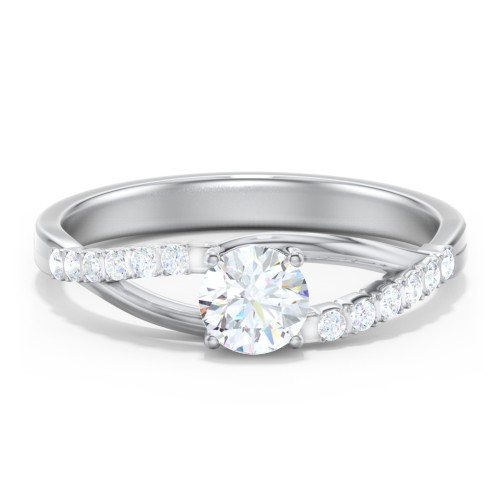 Solitaire Diamond Engagement Ring with Twisted Split Shank and Accents – 14K White Gold with Lab Diamond