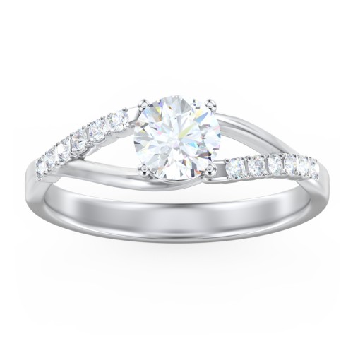 Solitaire Diamond Engagement Ring with Twisted Split Shank and Accents – 14K White Gold with Lab Diamond