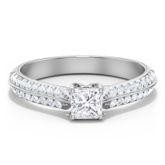 Diamond Solitaire Engagement Ring with Double Row Accents – 14K White Gold with Diamond