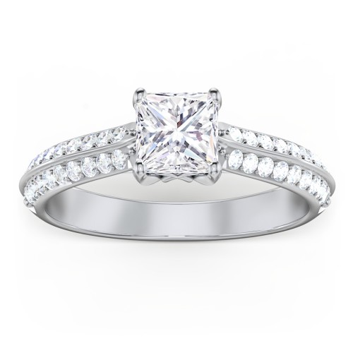 Diamond Solitaire Engagement Ring with Double Row Accents – 14K White Gold with Diamond