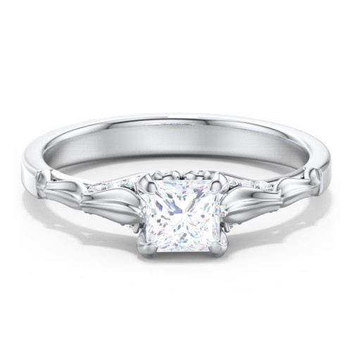 Vintage Diamond Solitaire Ring with Side Accent Stones – 14K White Gold with Lab Diamond