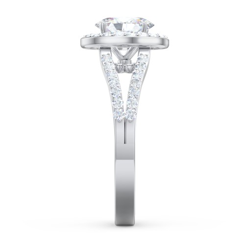 Diamond Halo Engagement Ring with Split Shank and Accents – 14K White Gold with Lab Diamond