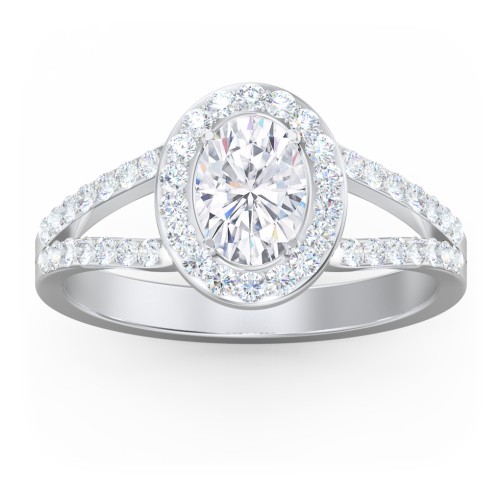 Diamond Halo Engagement Ring with Split Shank and Accents – 14K White Gold with Lab Diamond