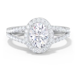 Diamond Halo Engagement Ring with Split Shank and Accents