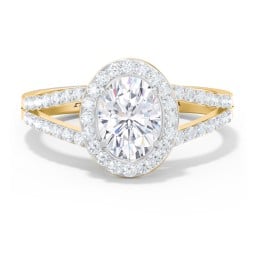 Diamond Halo Engagement Ring with Split Shank and Accents