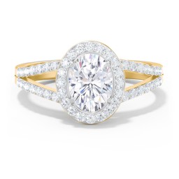 Diamond Halo Engagement Ring with Split Shank and Accents