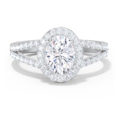 Diamond Halo Engagement Ring with Split Shank and Accents – 14K White Gold with Lab Diamond
