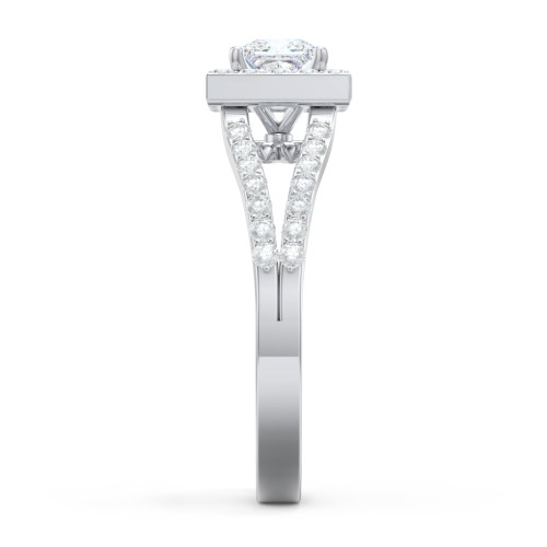 Diamond Halo Engagement Ring with Split Shank and Accents – 14K White Gold with Lab Diamond