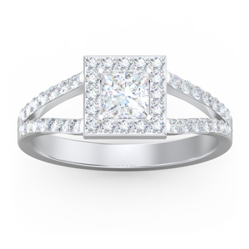 Diamond Halo Engagement Ring with Split Shank and Accents – 14K White Gold with Lab Diamond