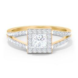 Diamond Halo Engagement Ring with Split Shank and Accents in 10K Solid Yellow Gold