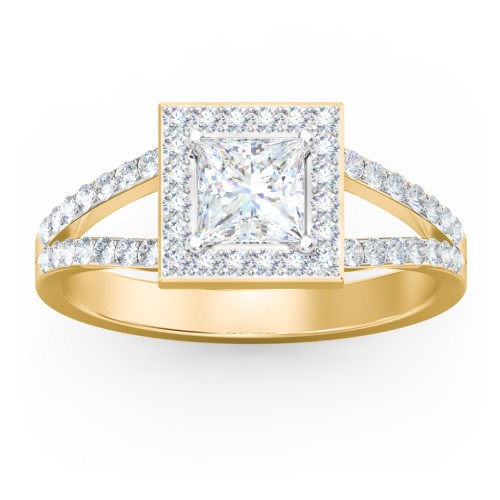 Diamond Halo Engagement Ring with Split Shank and Accents