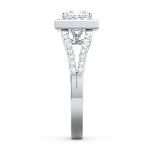 Diamond Halo Engagement Ring with Split Shank and Accents – 14K White Gold with Lab Diamond