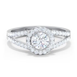 Diamond Halo Engagement Ring with Split Shank and Accents