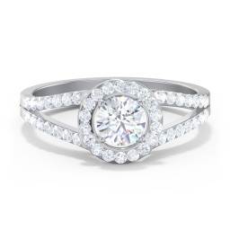 Diamond Halo Engagement Ring with Split Shank and Accents