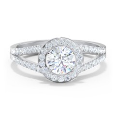 Diamond Halo Engagement Ring with Split Shank and Accents – 14K White Gold with Lab Diamond
